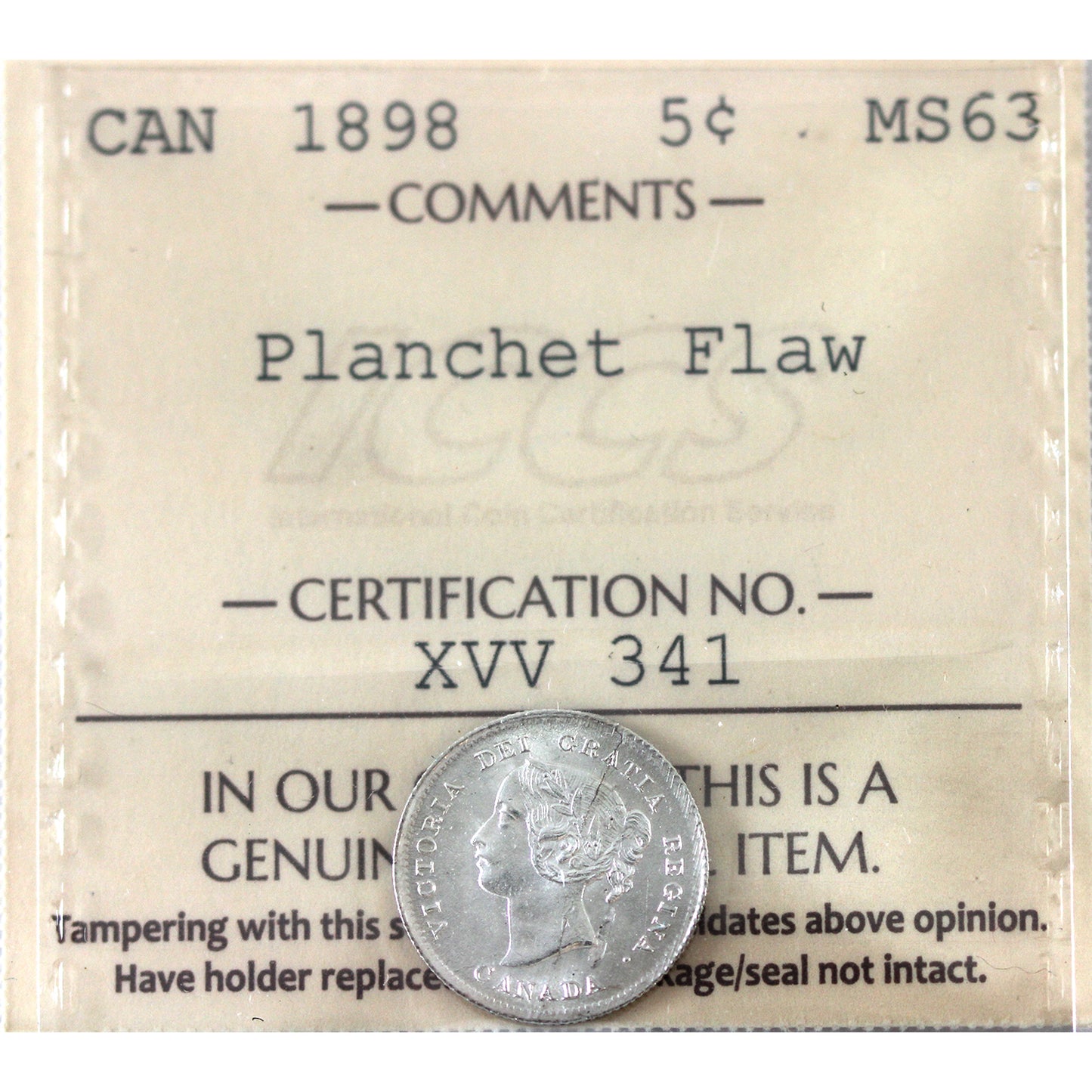 Error Planchet Flaw 1898 Canada 5-cents ICCS Certified MS63