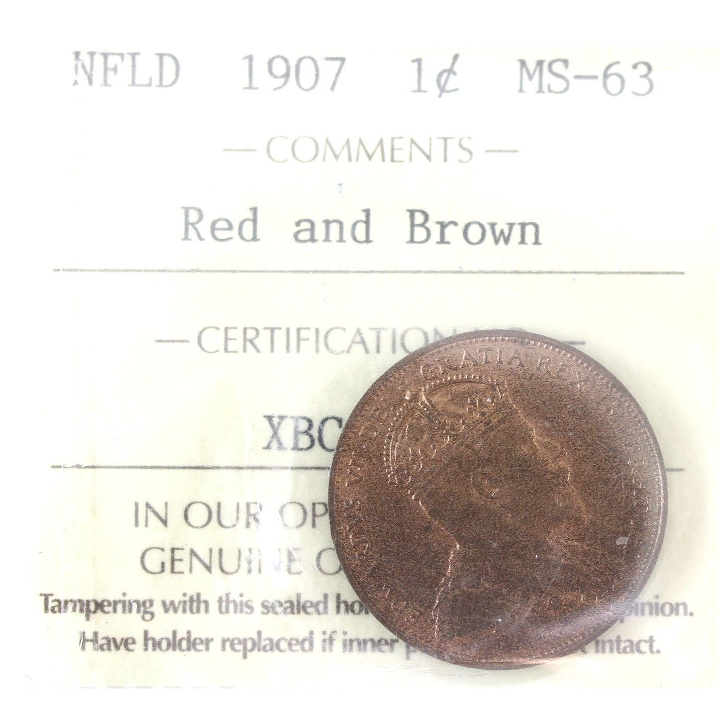 1907 Newfoundland 1-cent ICCS Certified MS-63 Red and Brown