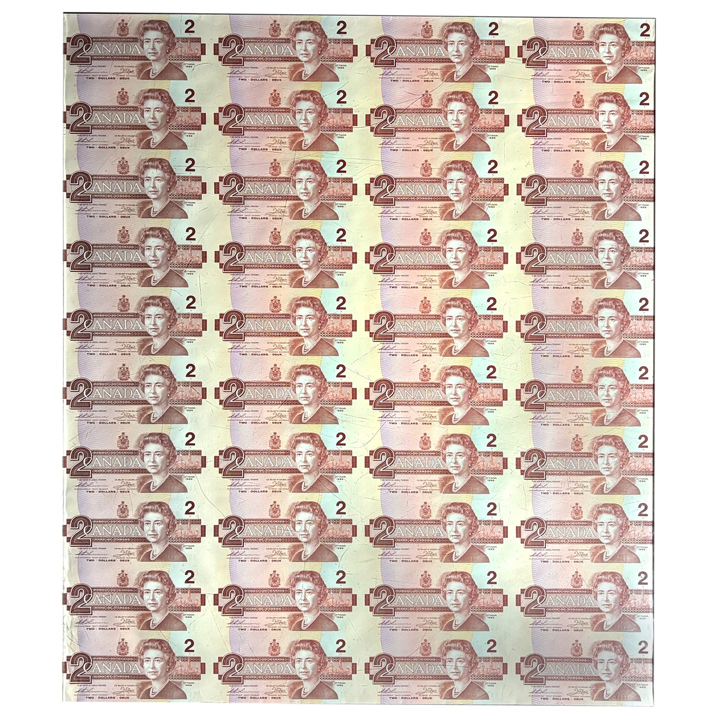 1986 Canada $2 EBA Prefix Uncut Sheet of 40 Notes - 4x10 Format (Ruffled ends)