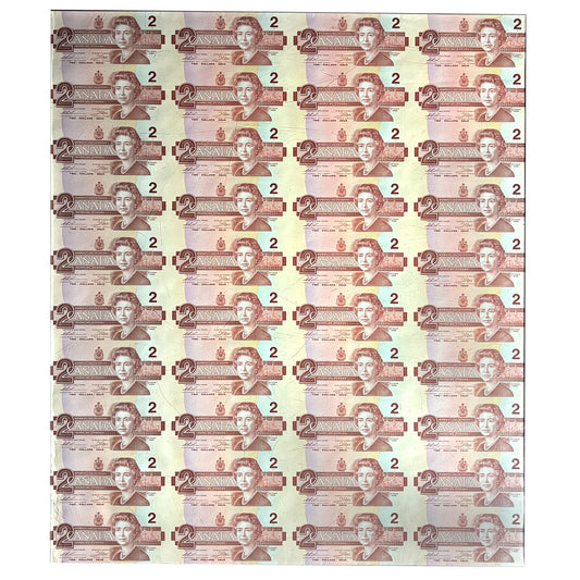 1986 Canada $2 EBA Prefix Uncut Sheet of 40 Notes - 4x10 Format (Ruffled ends)