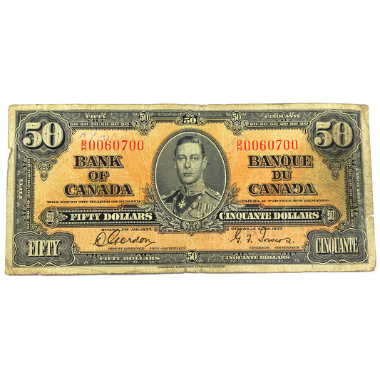 BC-26b 1937 Canada $50 Note Gordon-Towers B/H, Fine (F12) Tears, writing, or impaired