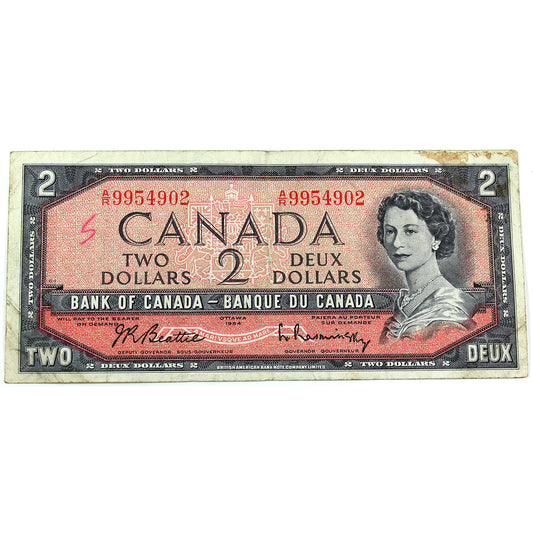 BC-38b 1954 Canada $2 Note Beattie-Raminsky, Very Fine (VF20) Tears, writing, or impaired