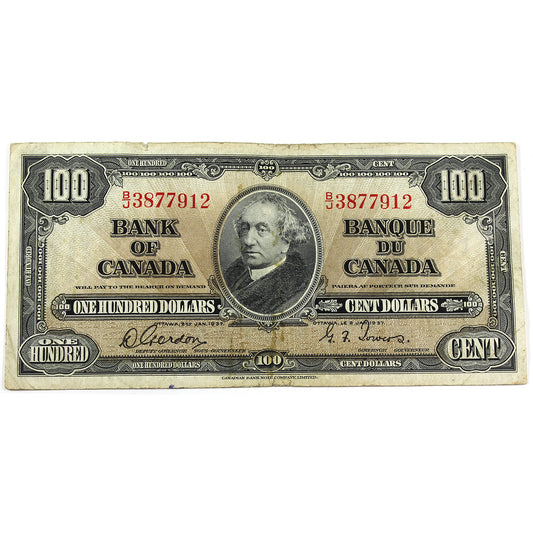 BC-27b 1937 Canada $100 Note Gordon-Towers B/J, VF (VF20) Tears, writing, or impaired
