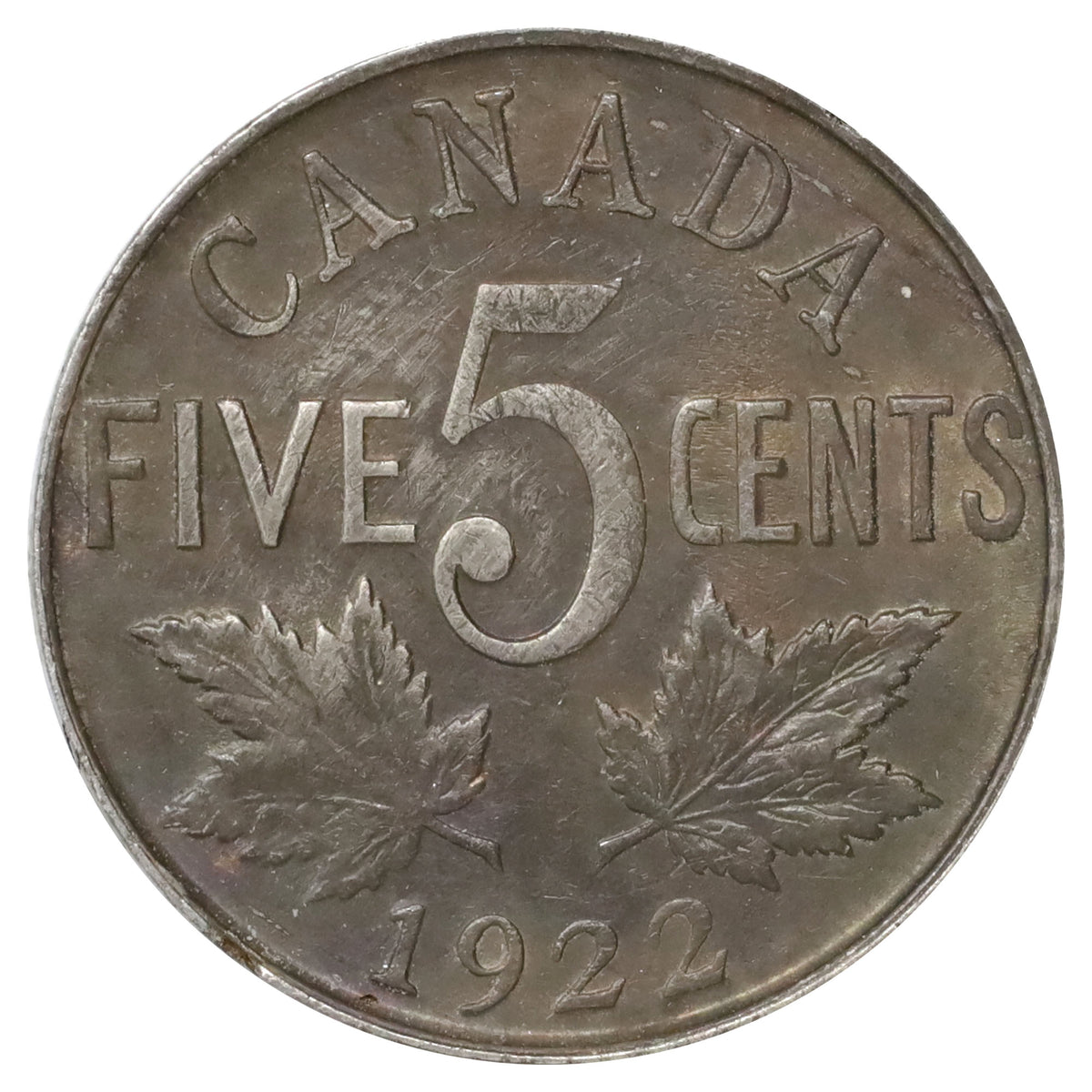1922 Near Rim Canada 5-cents VF-EF (VF30) Scratched, marks, or impaired