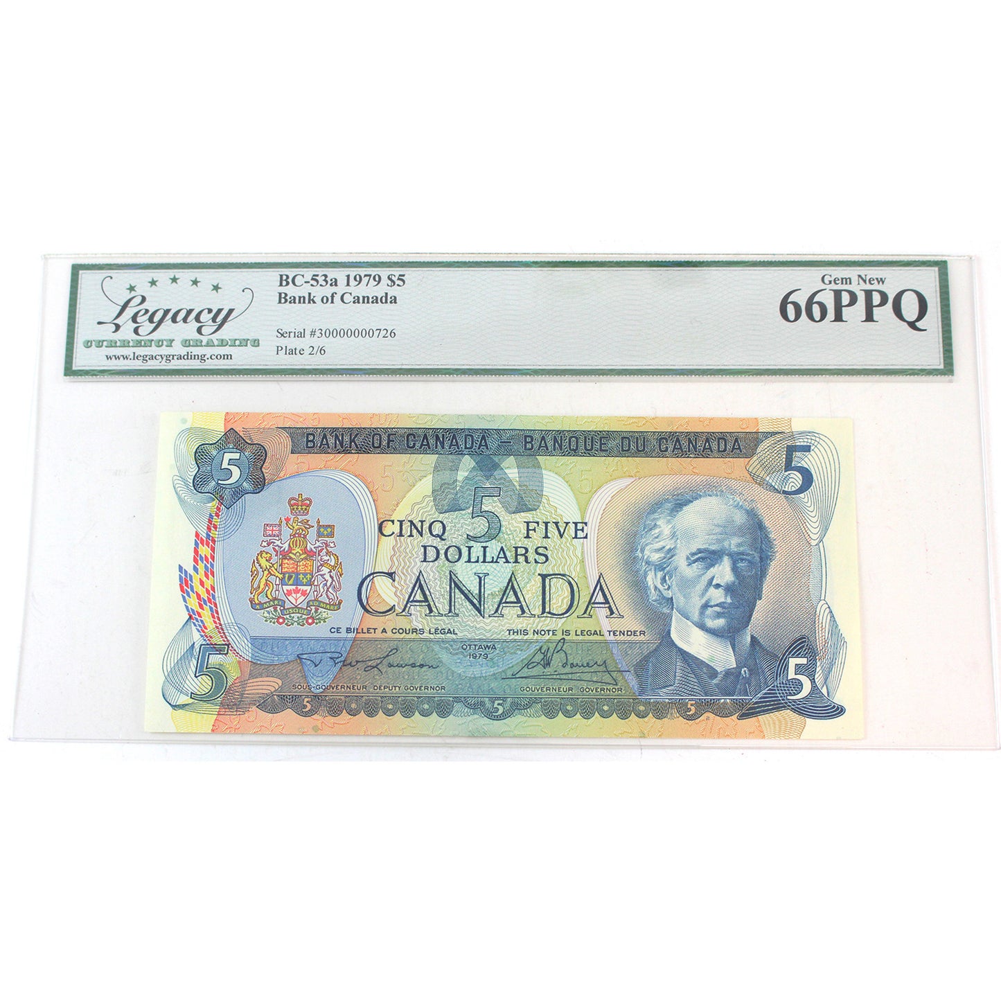 BC-53a 1979 Canada $5 Lawson-Bouey, Low Serial # 30000000726 Legacy Certified GUNC-66 PPQ
