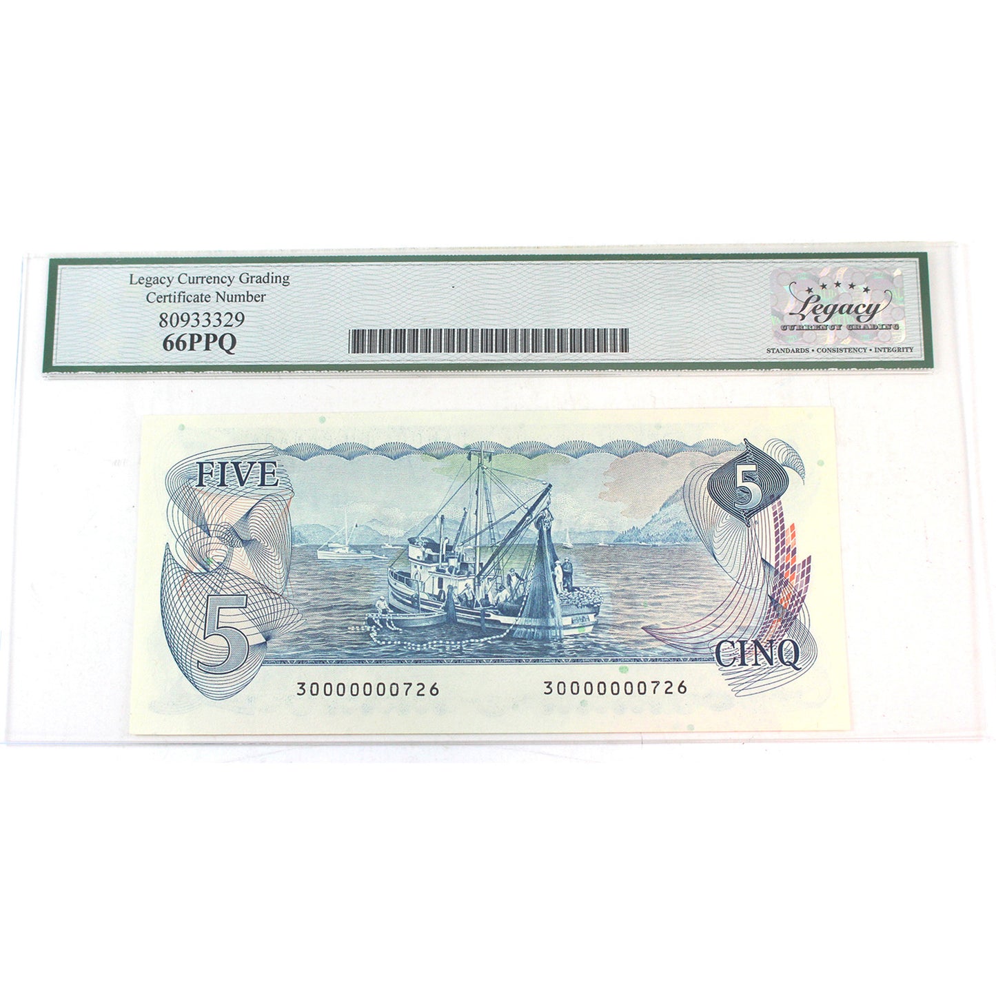 BC-53a 1979 Canada $5 Lawson-Bouey, Low Serial # 30000000726 Legacy Certified GUNC-66 PPQ