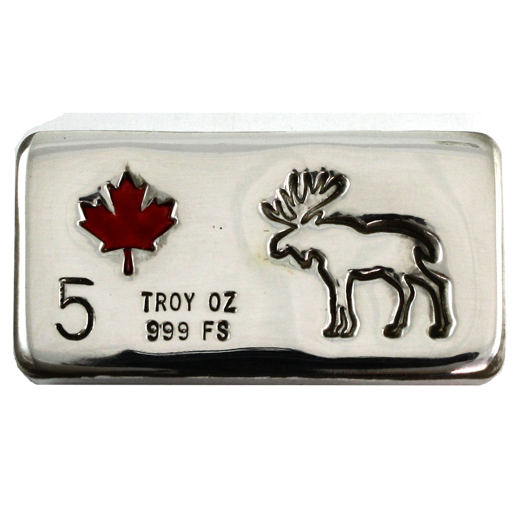 RSSC 5oz Moose Bar w Enameled Red Maple Leaf Silver (No Tax) Hairline Scr/Toning