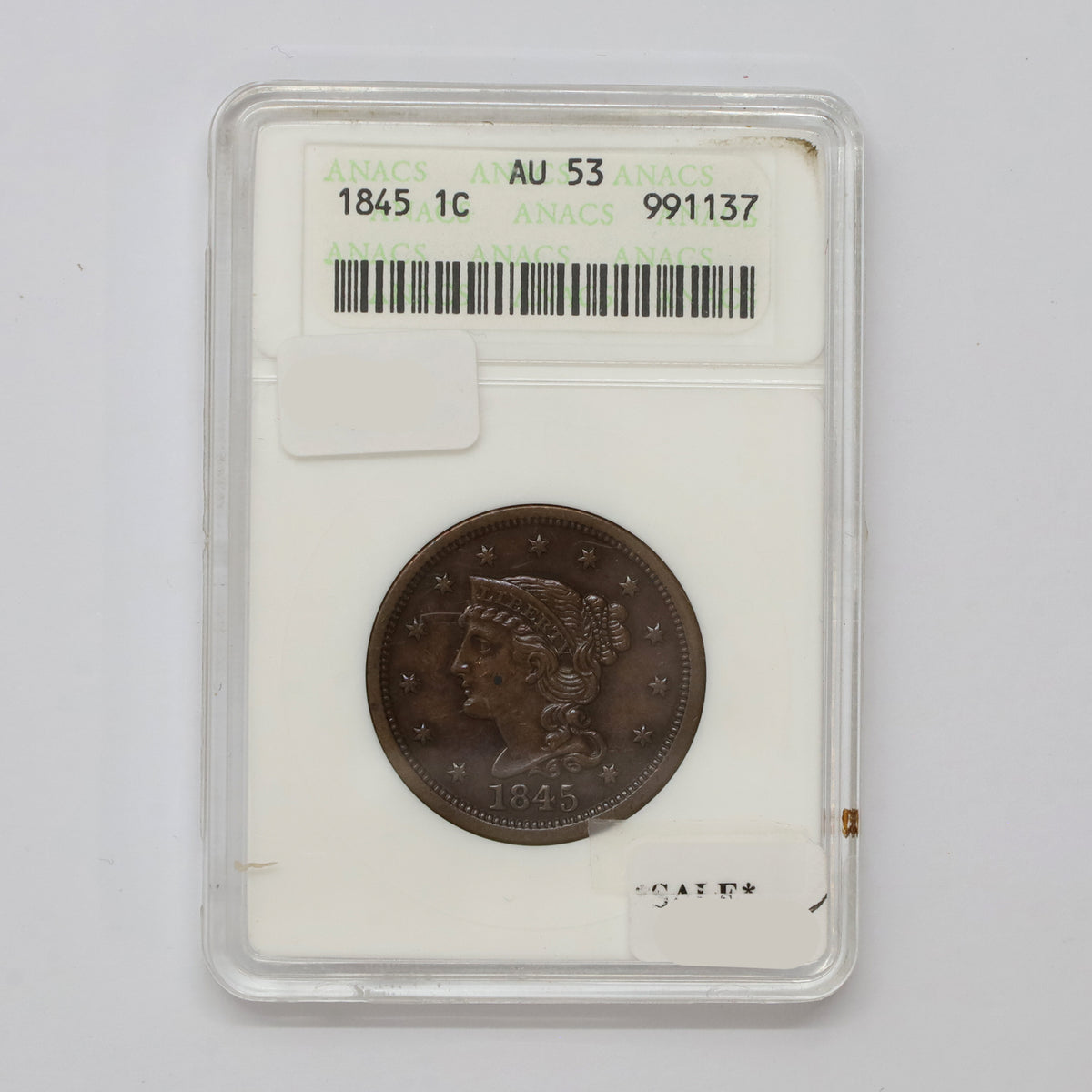 1845 USA Cent ANACS Certified AU53