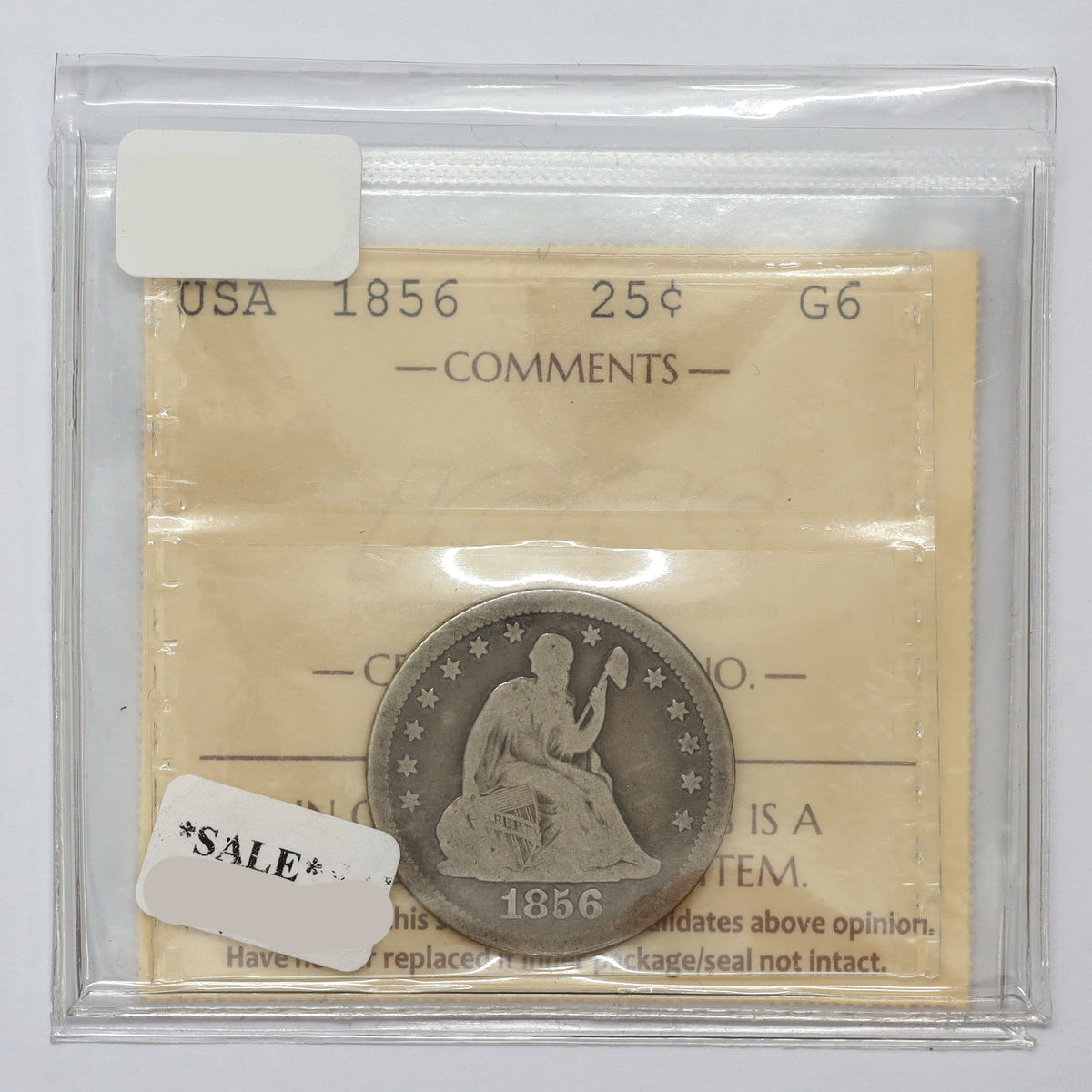 1856 USA Quarter ICCS Certified G6 (DOD)