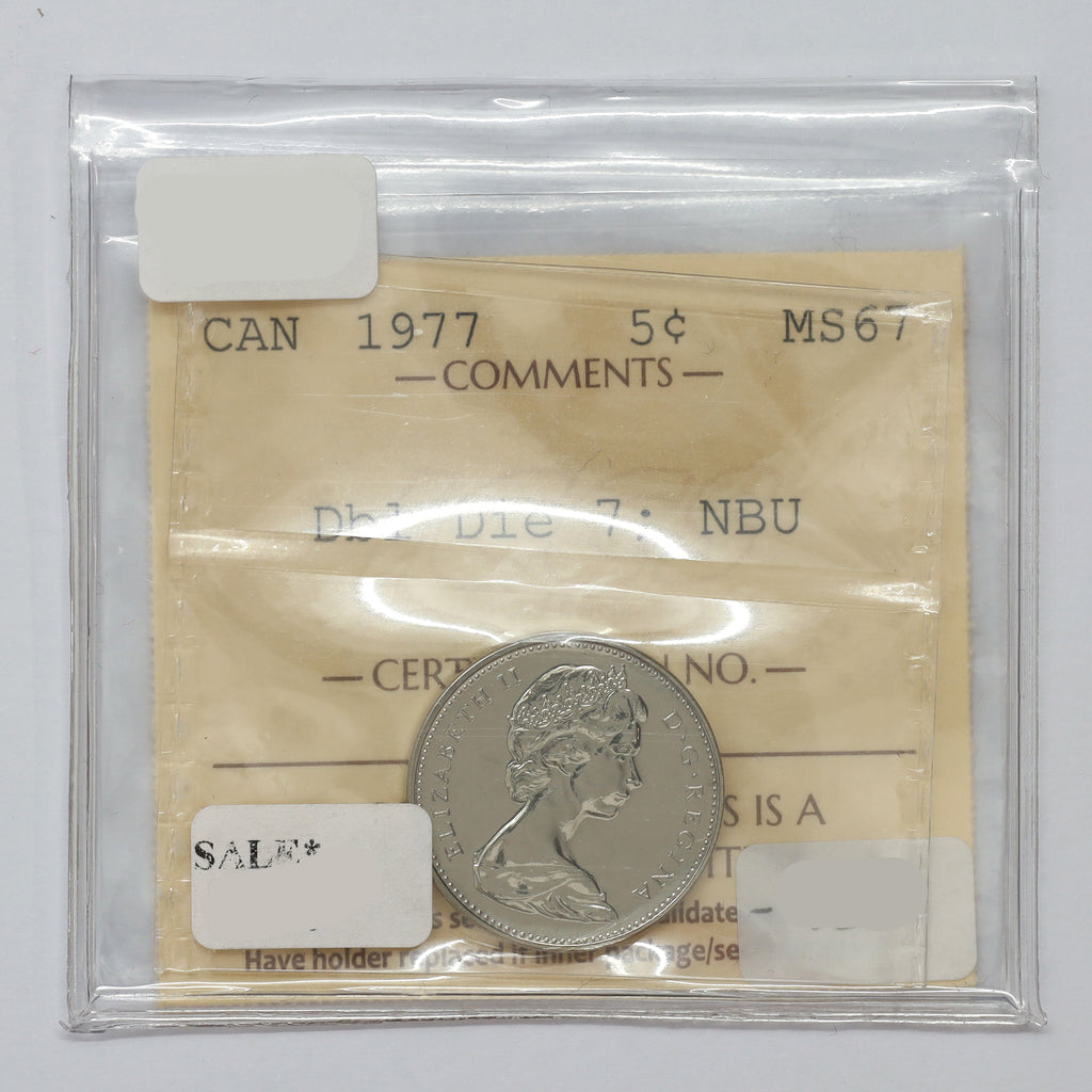 1977 Double Die 7 Canada 5-cents ICCS Certified MS67 NBU (DOD)