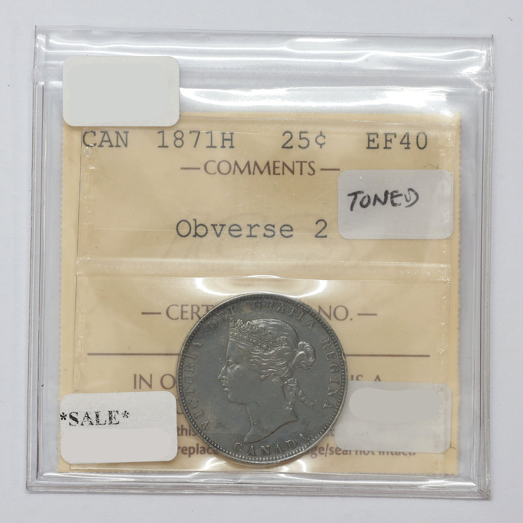 1871H Obv. 2 Canada 25-cents ICCS Certified EF40 (toned)