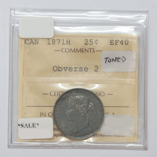 1871H Obv. 2 Canada 25-cents ICCS Certified EF40 (toned)