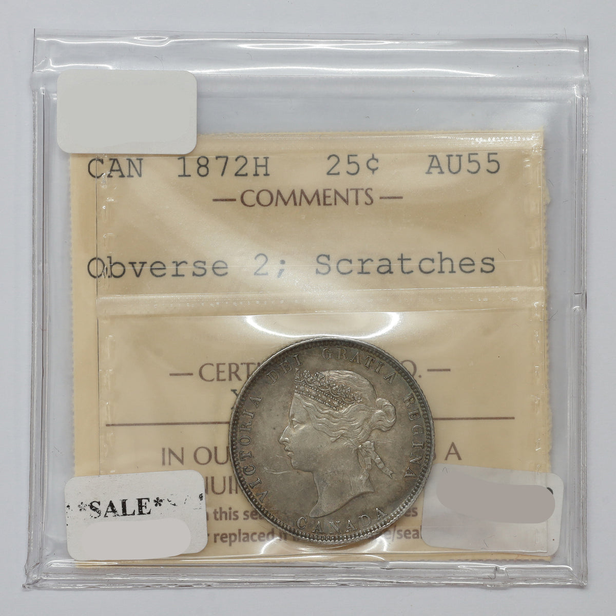1872H Obv. 2 Canada 25-cents ICCS Certified AU55 (scratches)