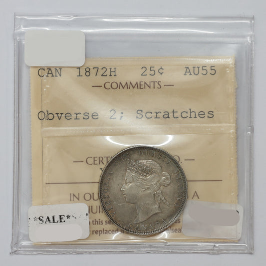 1872H Obv. 2 Canada 25-cents ICCS Certified AU55 (scratches)