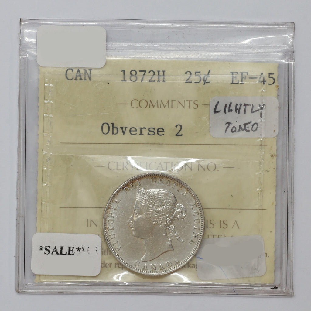 1872H Obv. 2 Canada 25-cents ICCS Certified EF45 (lightly toned)