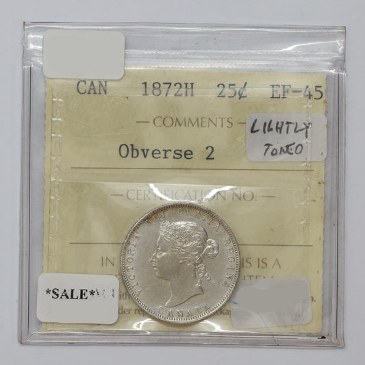 1872H Obv. 2 Canada 25-cents ICCS Certified EF45 (lightly toned)