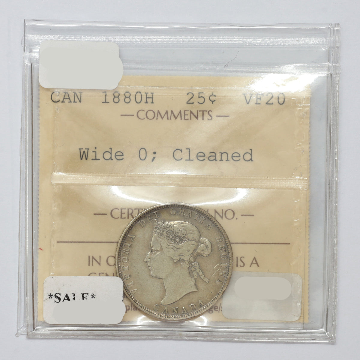 1880H Wide 0 Canada 25-cents ICCS Certified VF20 (cleaned)