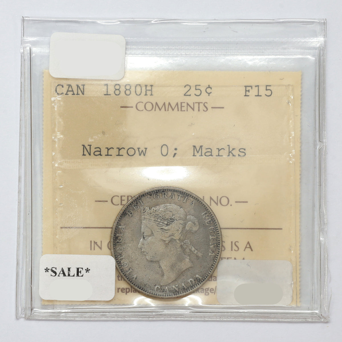 1880H Narrow 0 Canada 25-cents ICCS Certified F15 (marks)