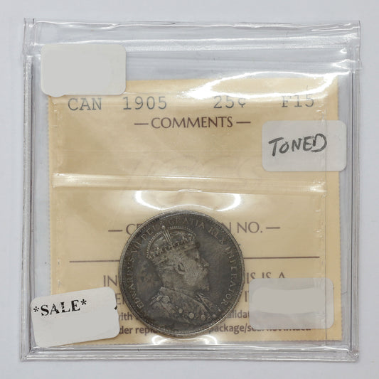 1905 Canada 25-cents ICCS Certified F15 (toned)