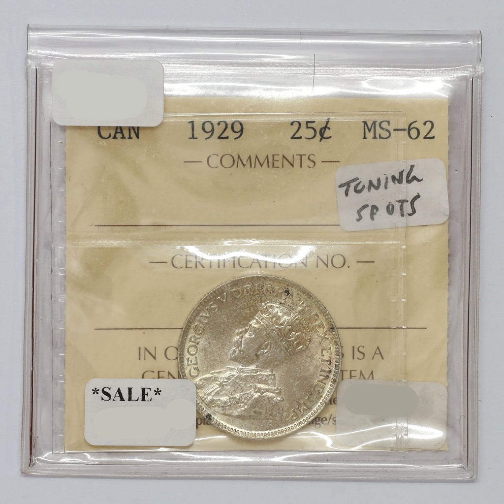 1929 Canada 25-cents ICCS Certified MS62 (toning spots)