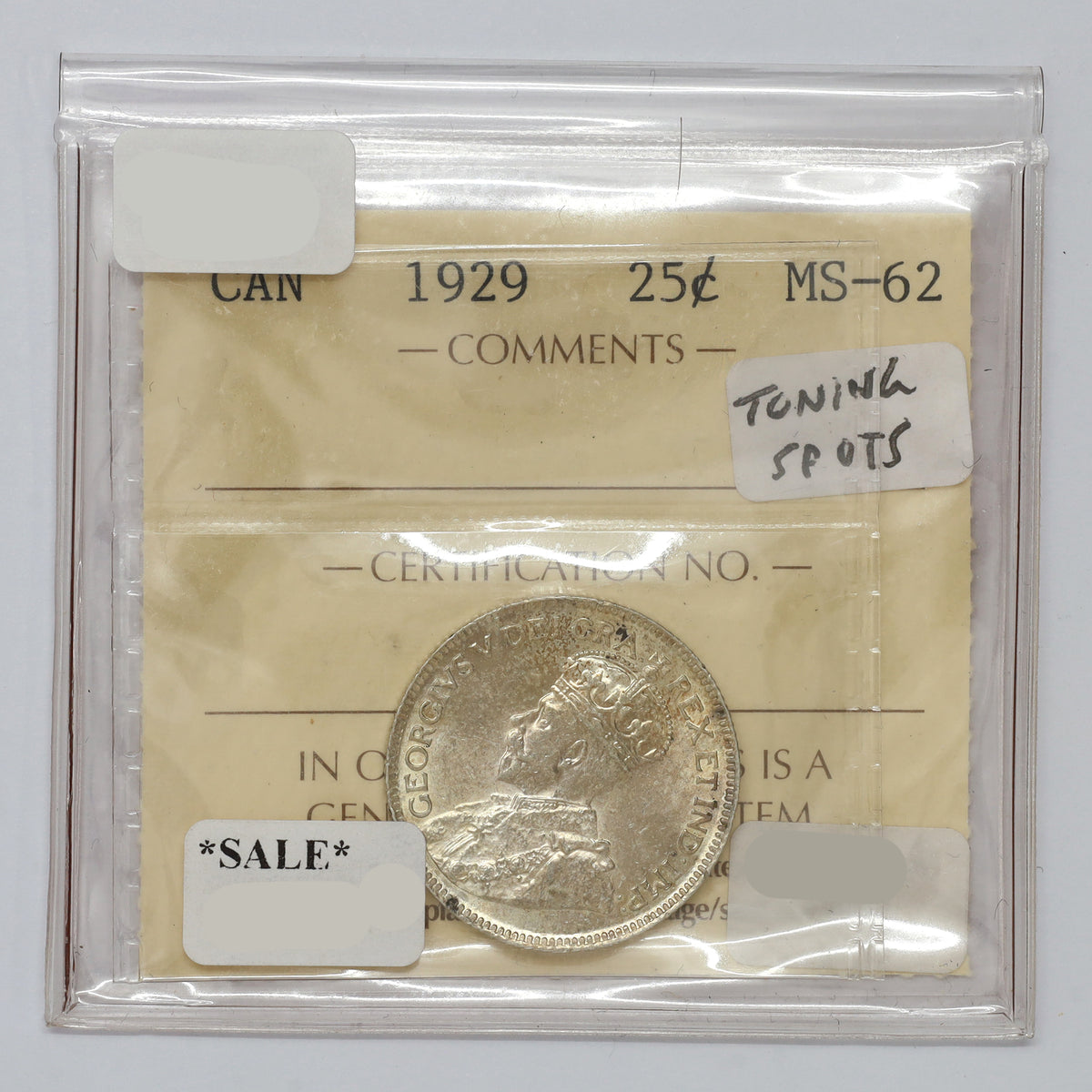 1929 Canada 25-cents ICCS Certified MS62 (toning spots)