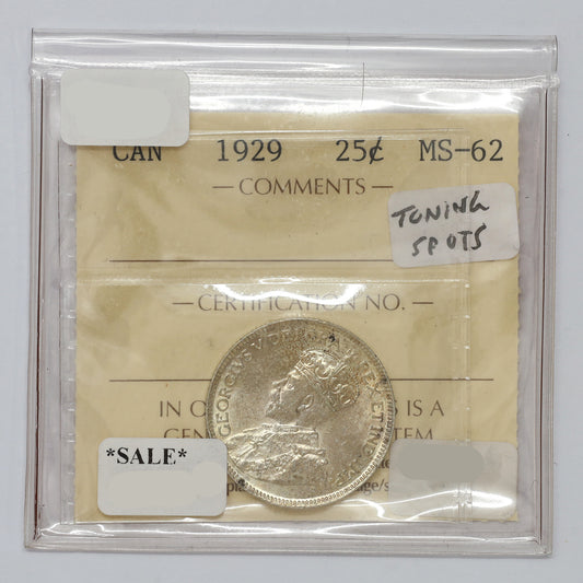 1929 Canada 25-cents ICCS Certified MS62 (toning spots)