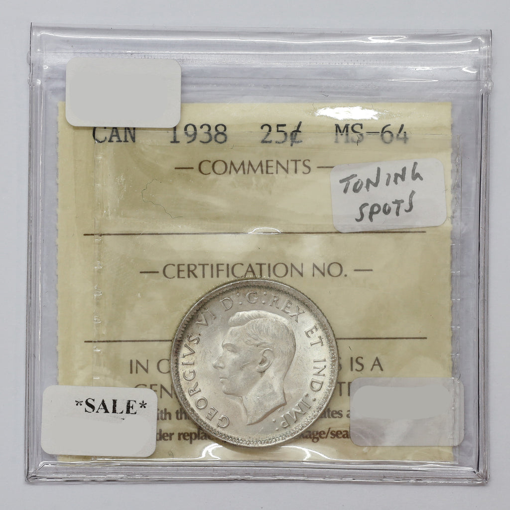 1938 Canada 25-cents ICCS Certified MS64 (toning spots)