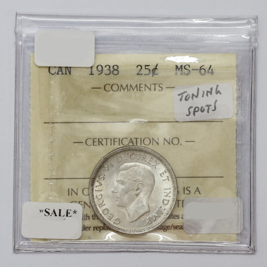 1938 Canada 25-cents ICCS Certified MS64 (toning spots)