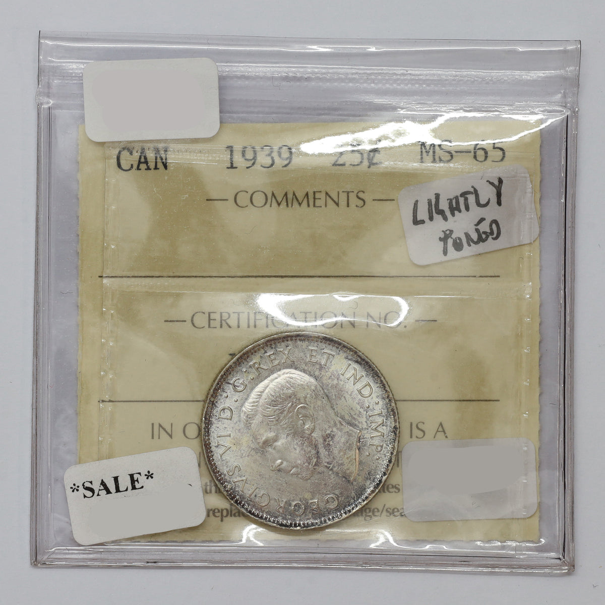 1939 Canada 25-cents ICCS Certified MS65 (lightly toned)