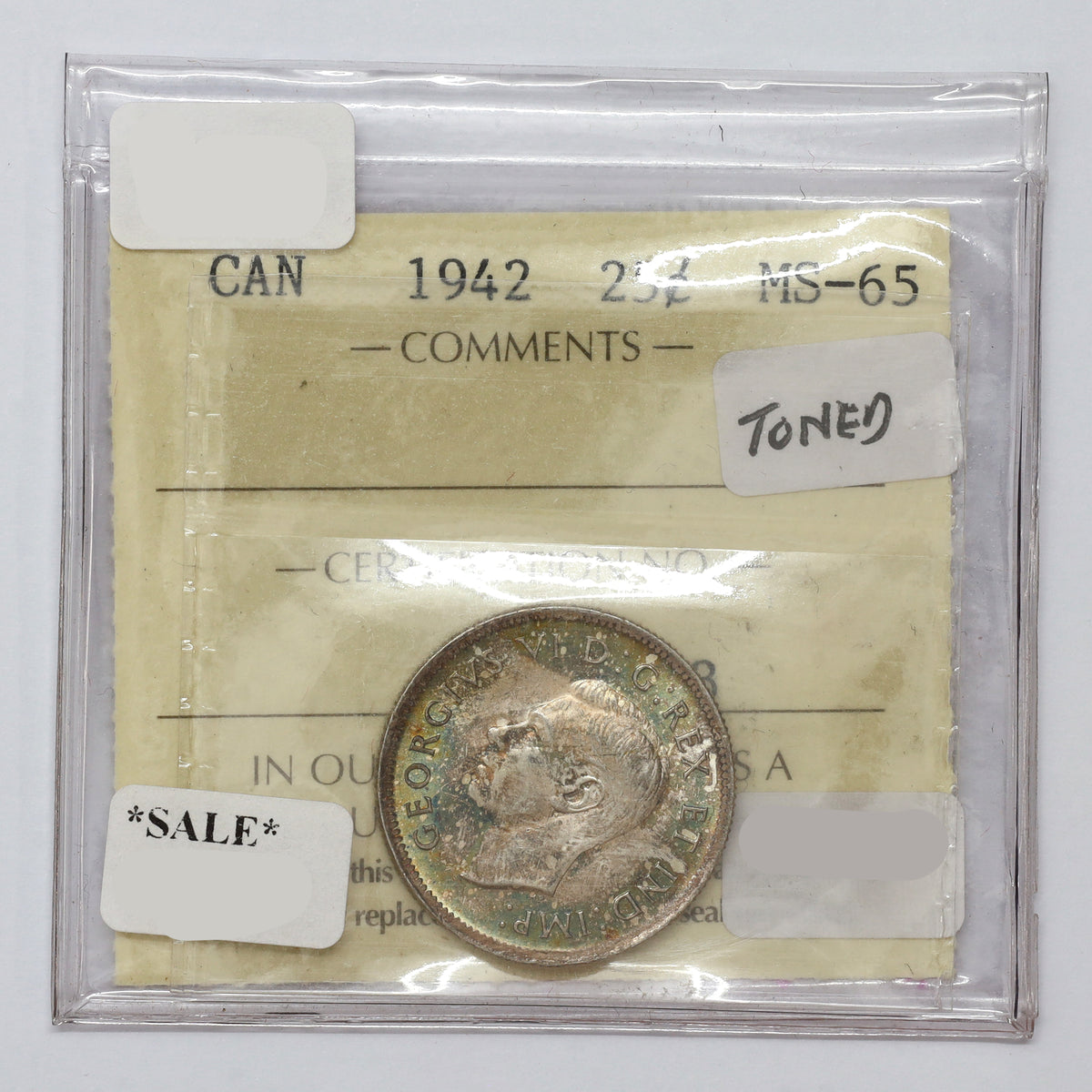 1942 Canada 25-cents ICCS Certified MS65 (toned)