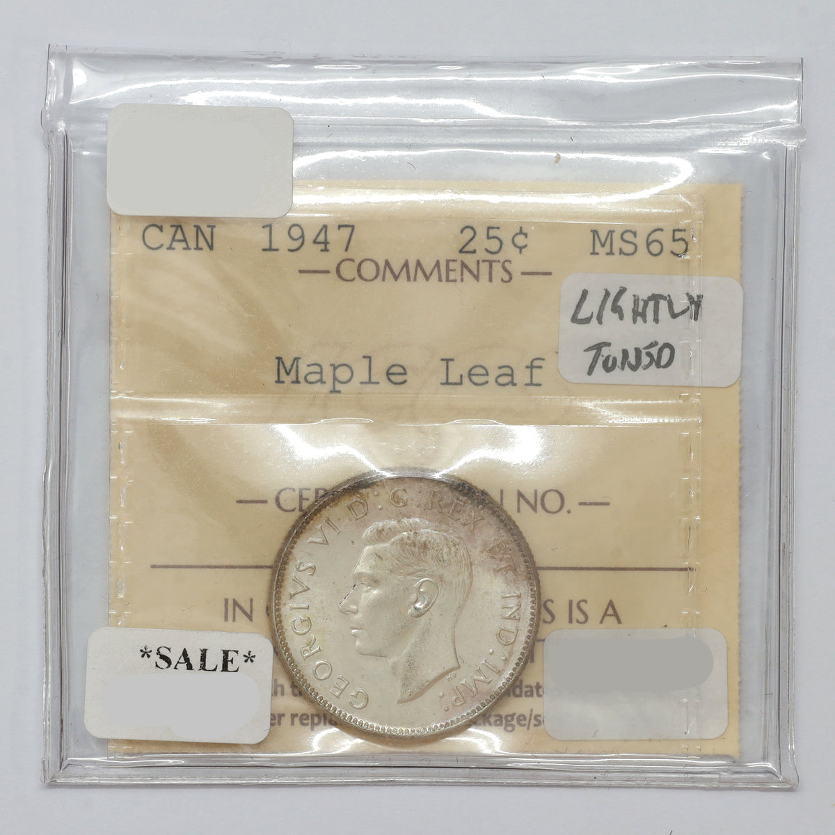 1947 Maple Leaf Canada 25-cents ICCS Certified MS65 (lightly toned)