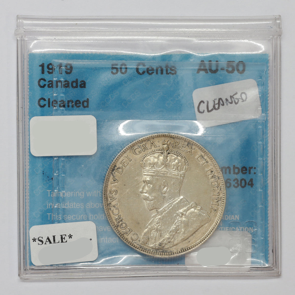 1919 Canada 50-cents CCCS Certified AU50 (cleaned)