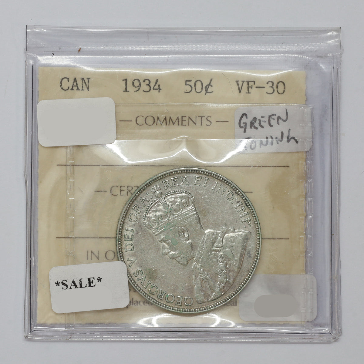 1934 Canada 50-cents ICCS Certified VF30 (green toning)
