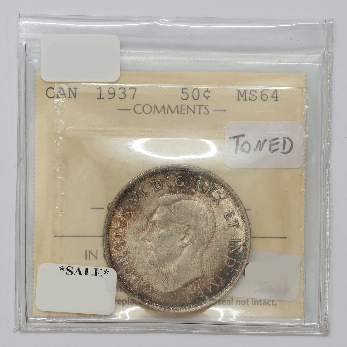 1937 Canada 50-cents ICCS Certified MS64 (toned)