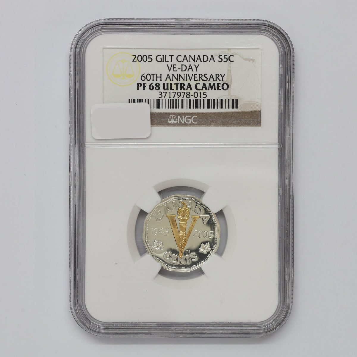 2005 Canada VE Day (Victory) Gilded 5-cents NGC Certified PF68 Ultra Cameo (scuffed)