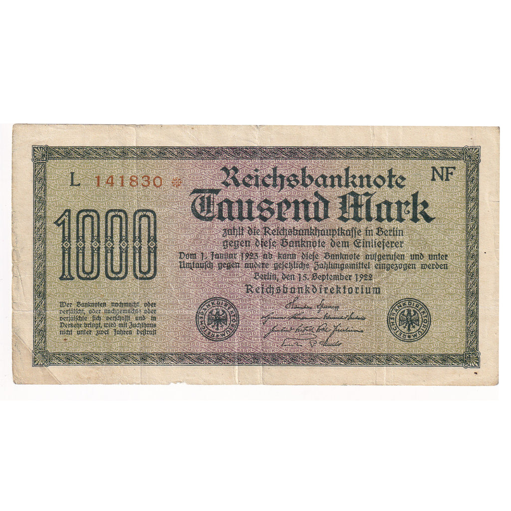 Germany 1922 1000 Mark Note, Pick #76, Extra Fine (DOP)