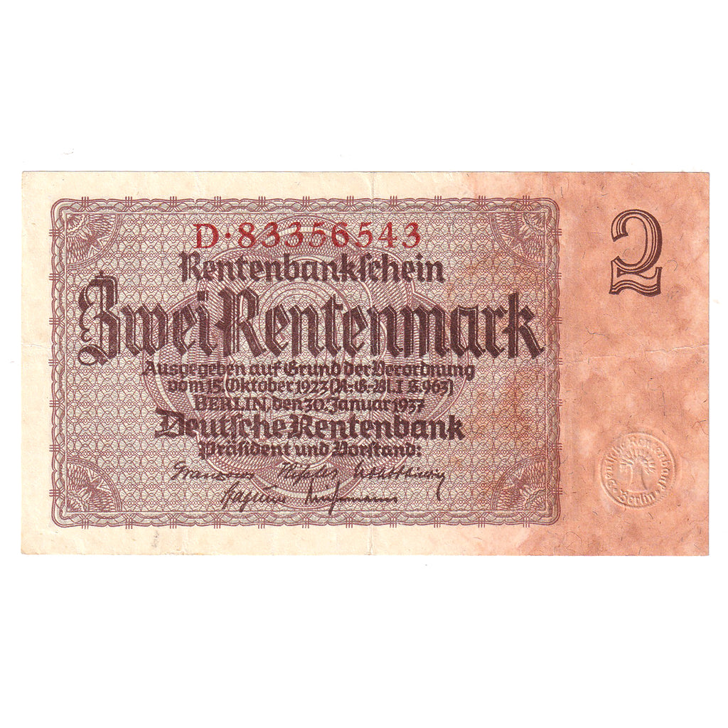 Germany 1937 Third Reich 2 Mark Note, Pick #174, Almost Uncirculated (DOP)