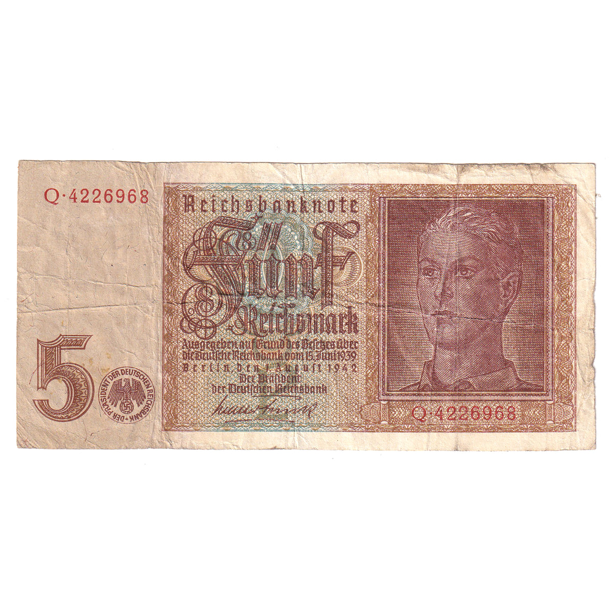 Germany 1942 Third Reich 5 Mark Note, Pick #186 (DOP)