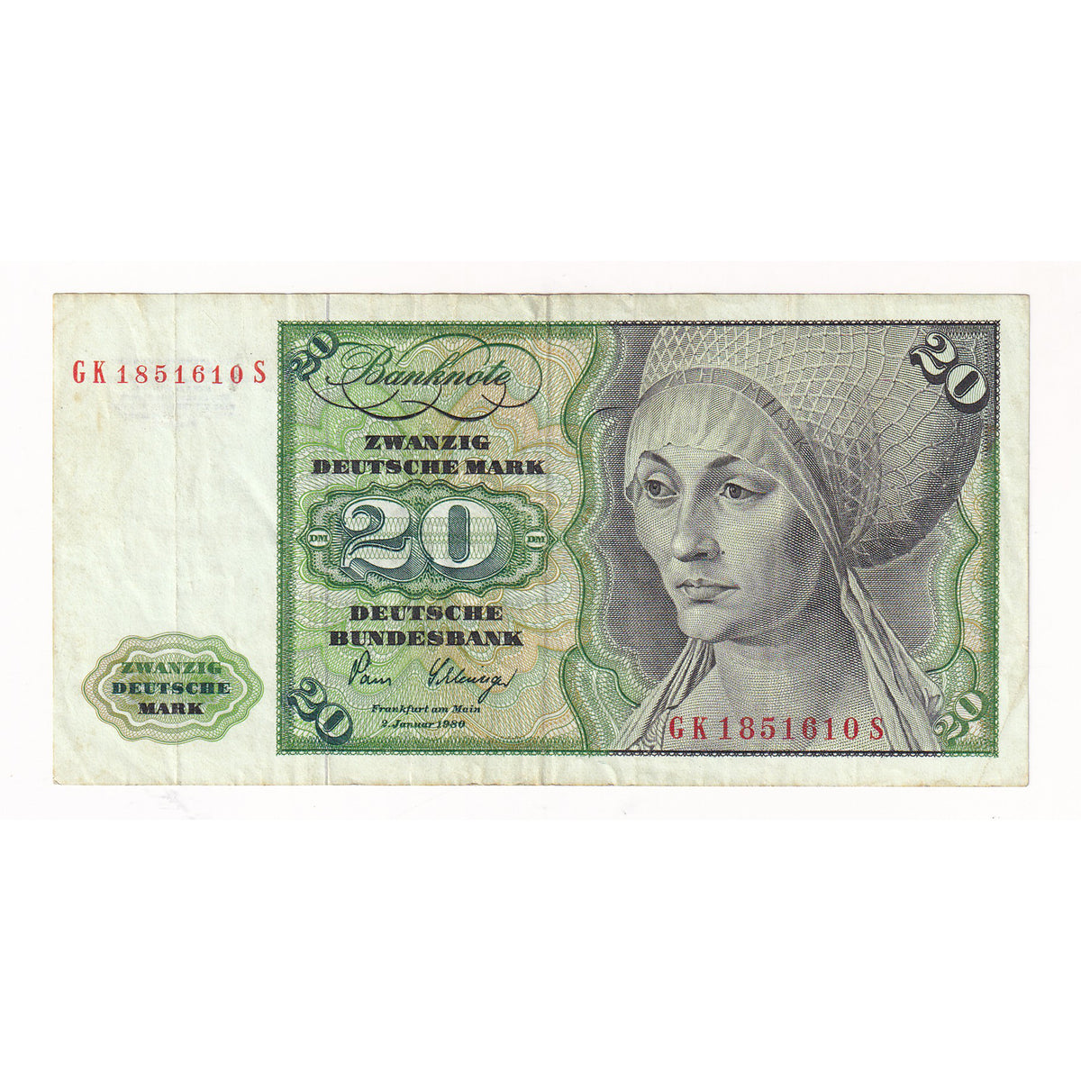 Germany 1980 20 Mark Note, Pick #32d, VF-EF (DOP)