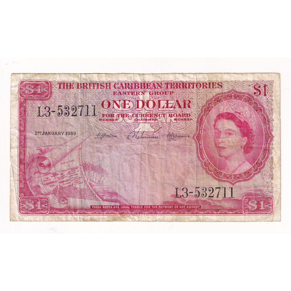 British Caribbean Territories 1959 1 Dollar Note, Pick #7c, VF-EF (DOP)