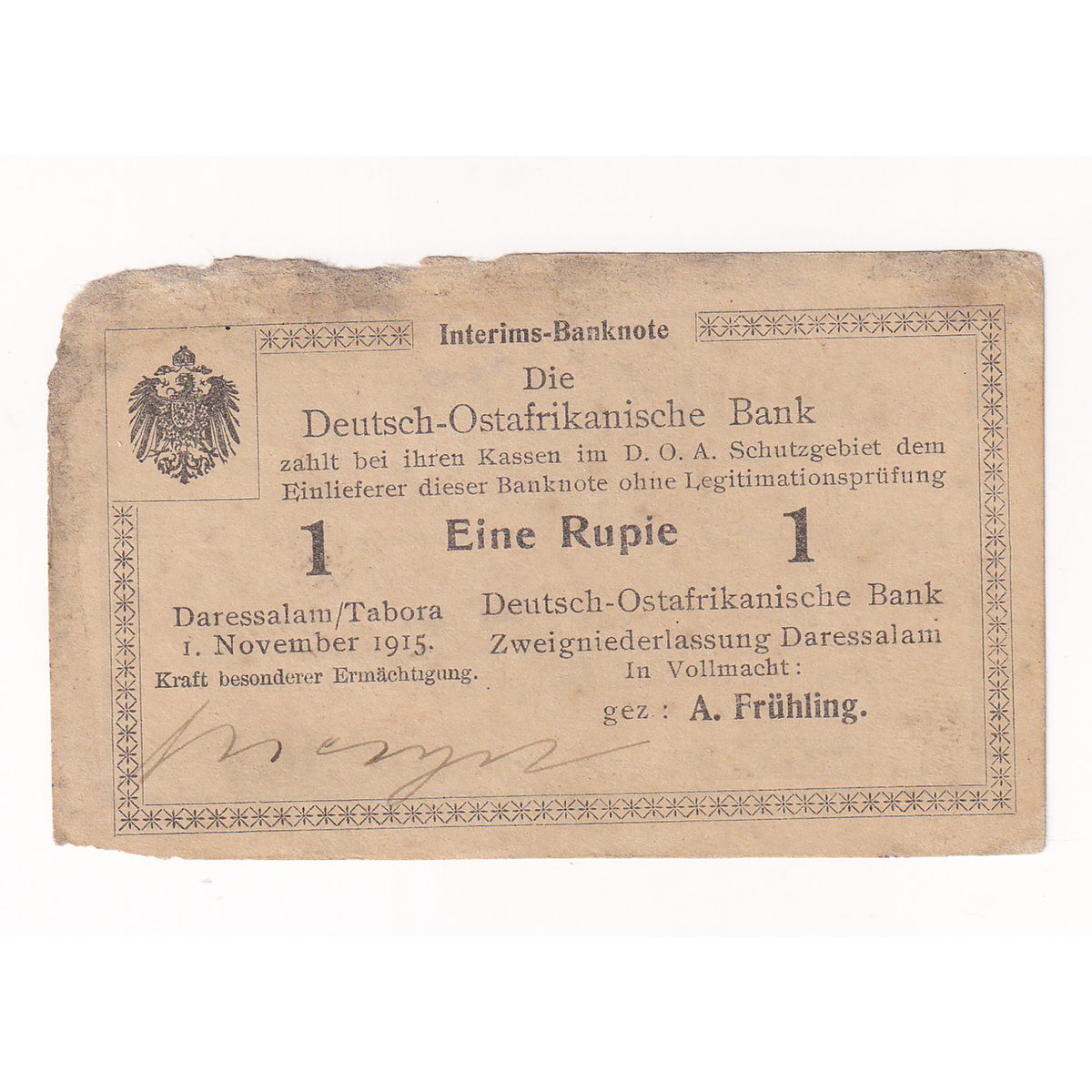 German East Africa 1915 1 Rupie Note, Pick #19 (DOP)