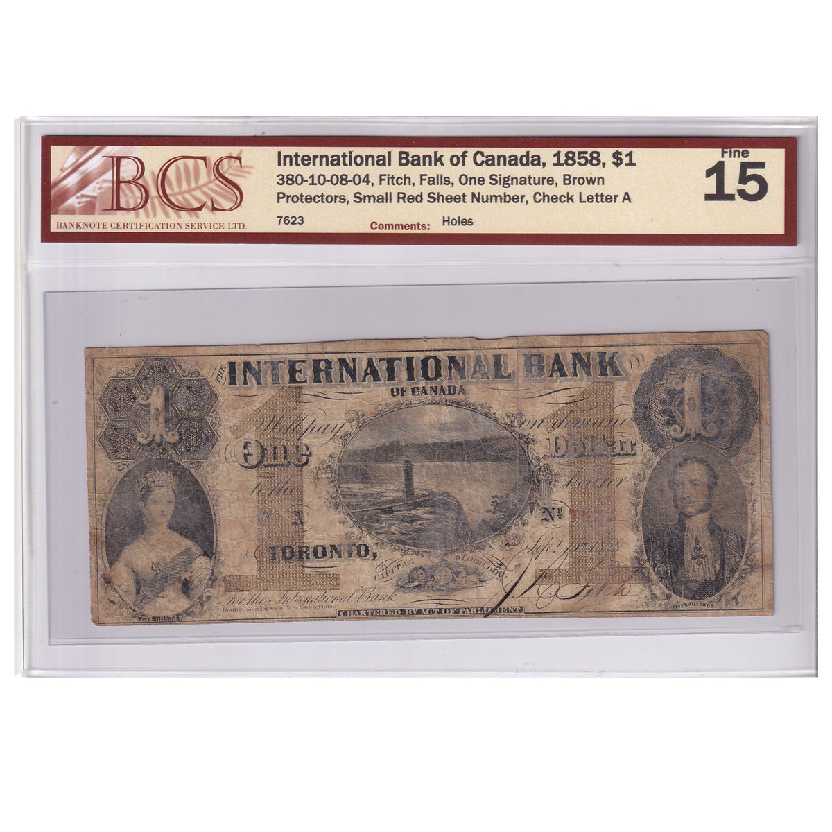 380-10-08-04 1858 International Bank of Canada $1, Fitch, BCS Certified F15 (holes)