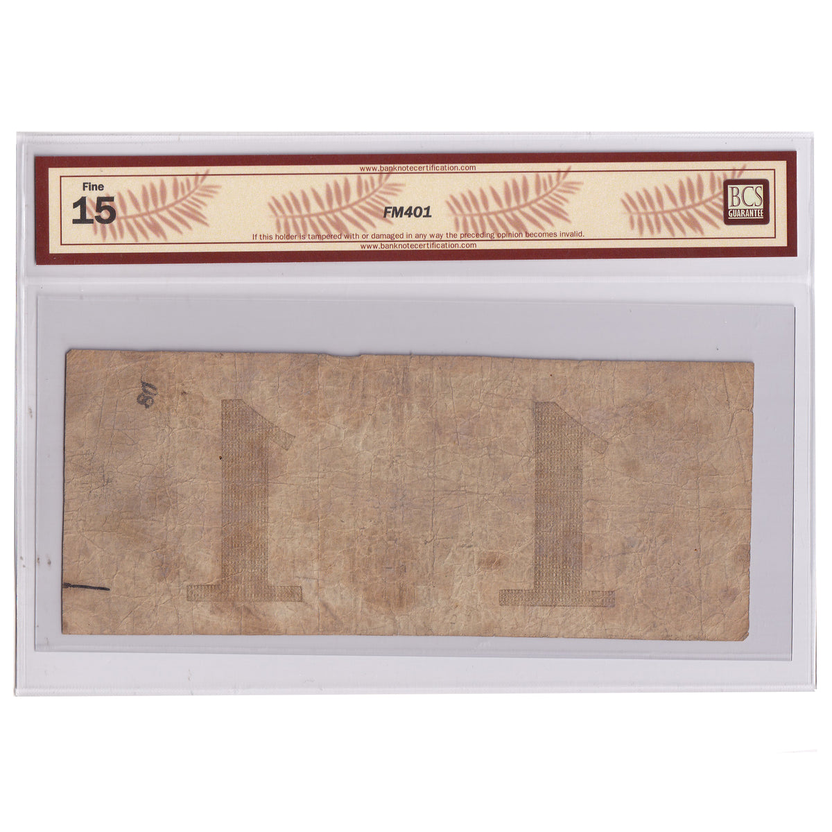 380-10-08-04 1858 International Bank of Canada $1, Fitch, BCS Certified F15 (holes)