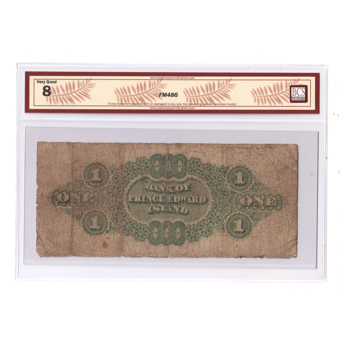 600-12-04a 1877 Bank of P.E.I. $1, Brecken-Hensley, BCS Certified VG8 (holes, tears)