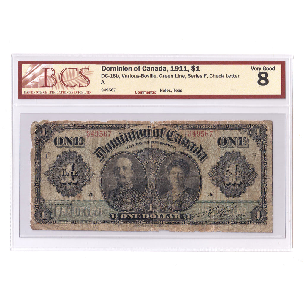 DC-18b 1911 Dominion $1 Various-Boville, Green Line, F, A, BCS Cert. VG8 (holes, tears)