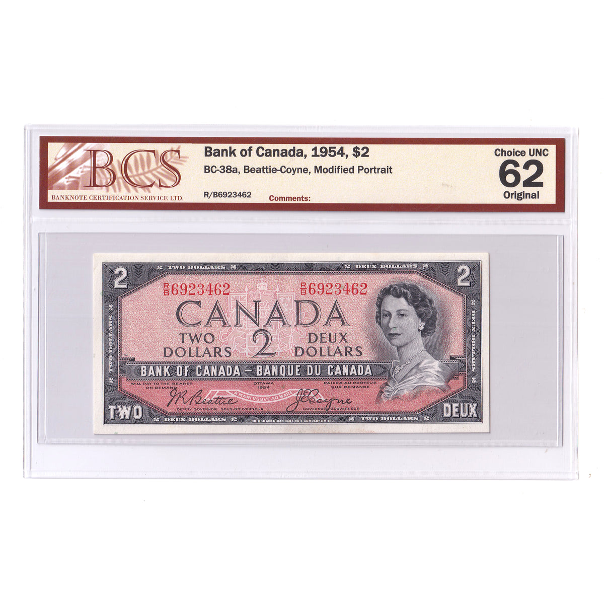 BC-38a 1954 Canada $2 Beattie-Coyne, R/B, Modified Portrait, BCS Certified CUNC62