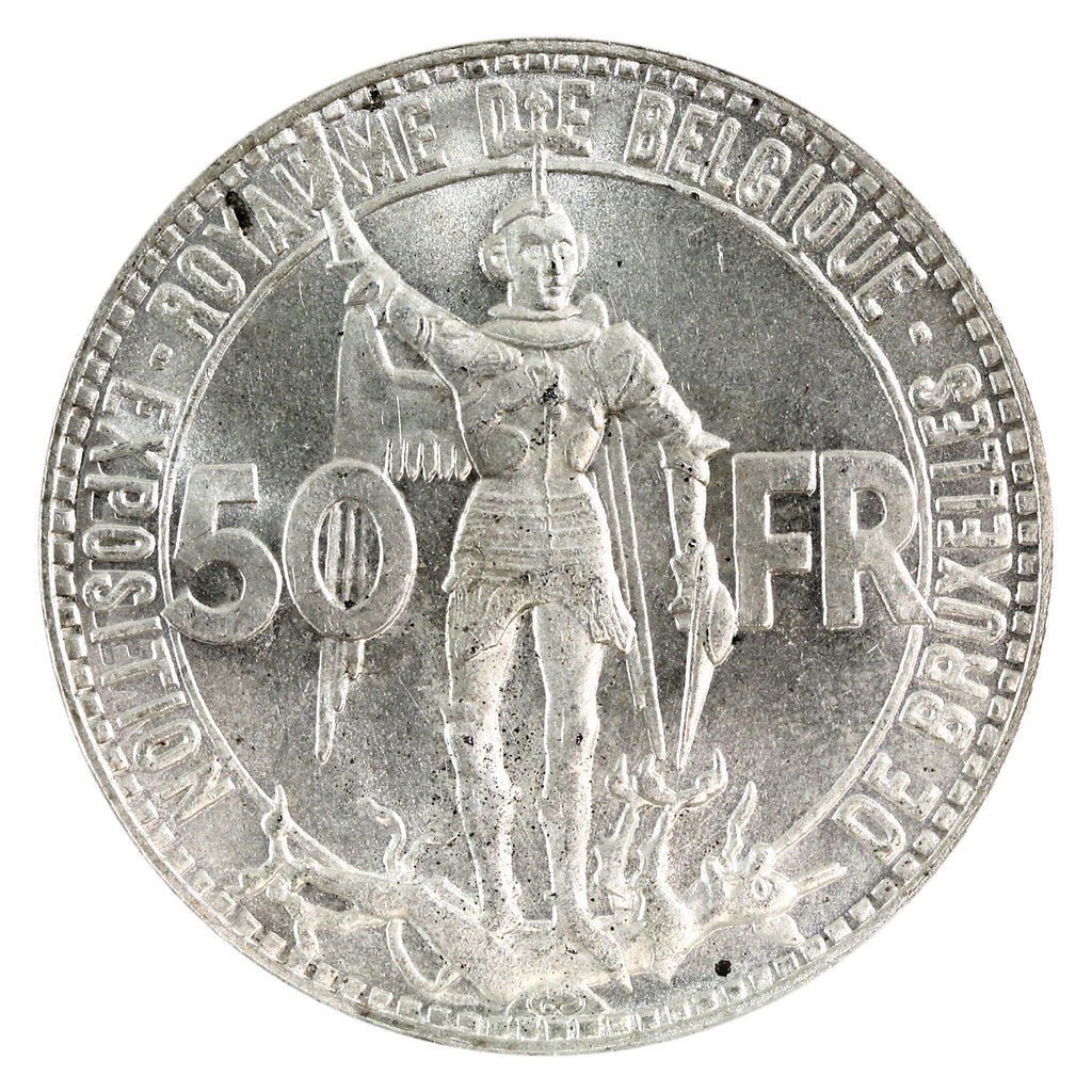 Belgium 1935 Railway Centennial, French 50 Francs Brilliant Uncirculated (MS63) $