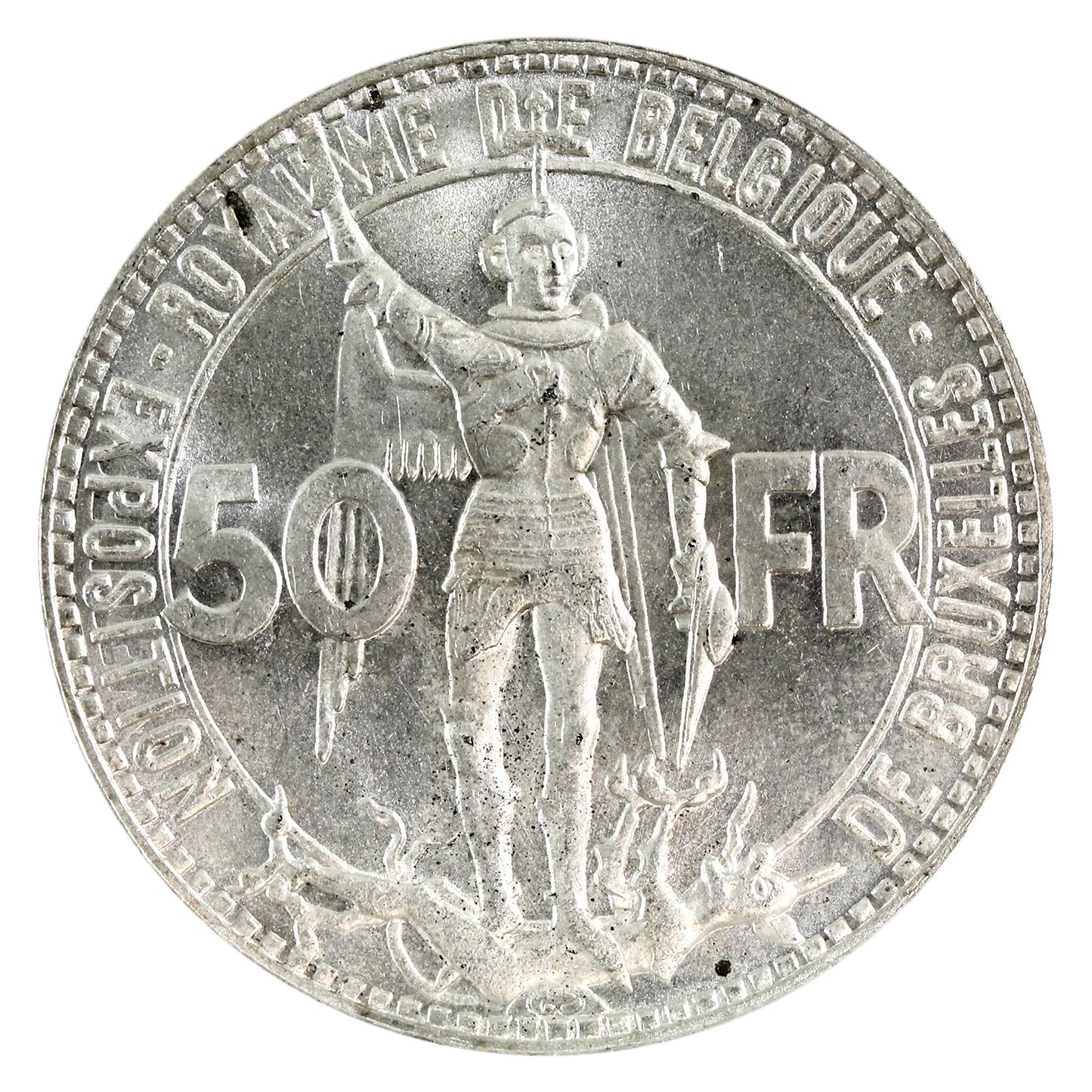 Belgium 1935 Railway Centennial, French 50 Francs Brilliant Uncirculated (MS63) $