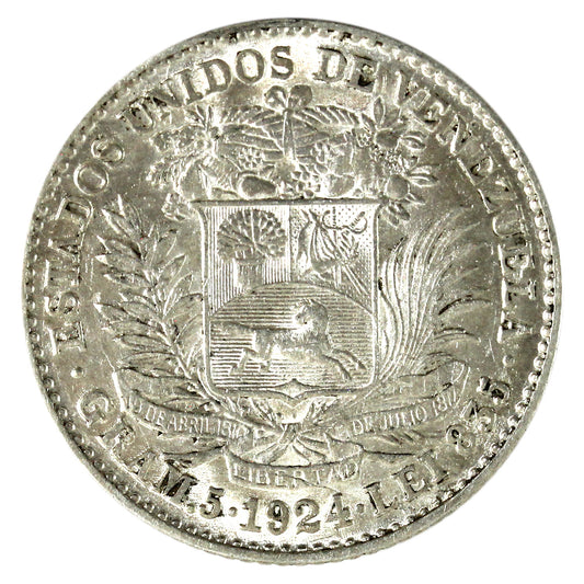 Venezuela 1924 Bolivar Almost Uncirculated (AU-50) $
