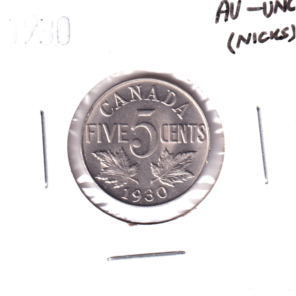 1930 Canada 5-cents AU-UNC (AU-55) Scratch, cleaned or impaired